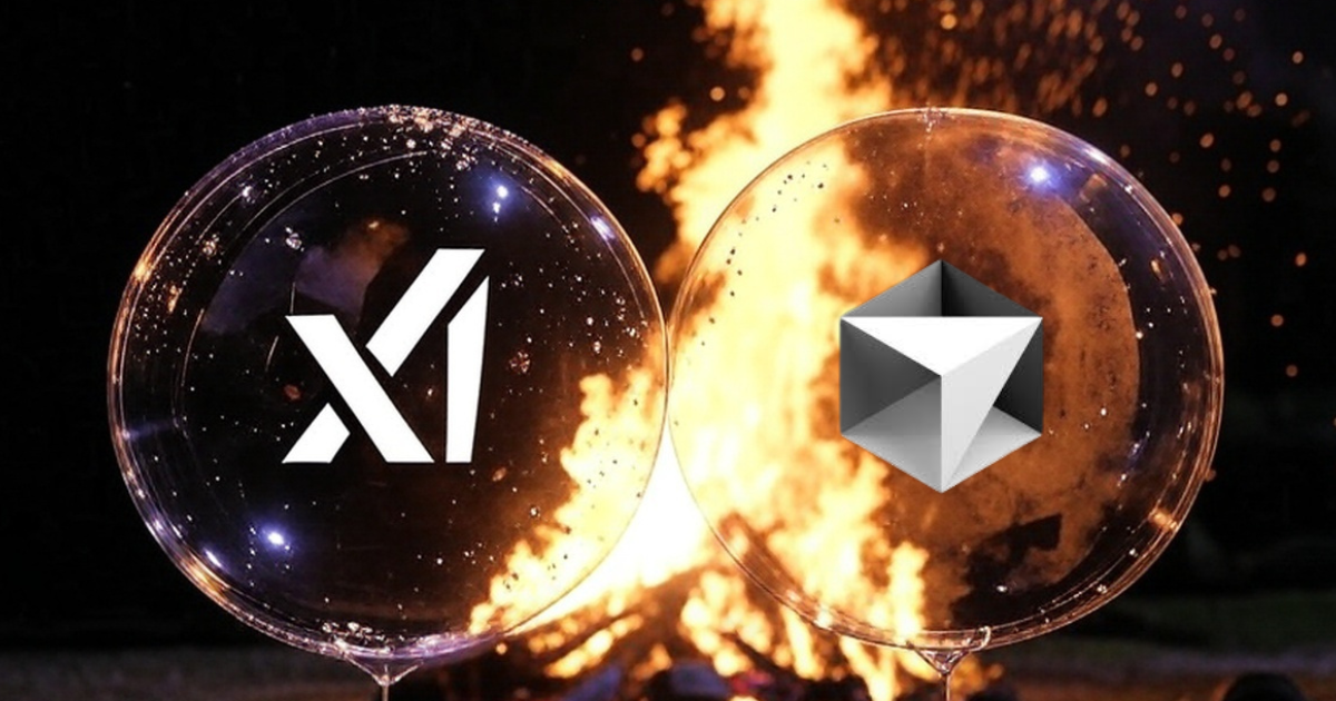Two soap bubbles with xAI and Cursor logos, beside a bonfire—AI bubble 2025 metaphor for mega funding risks.
