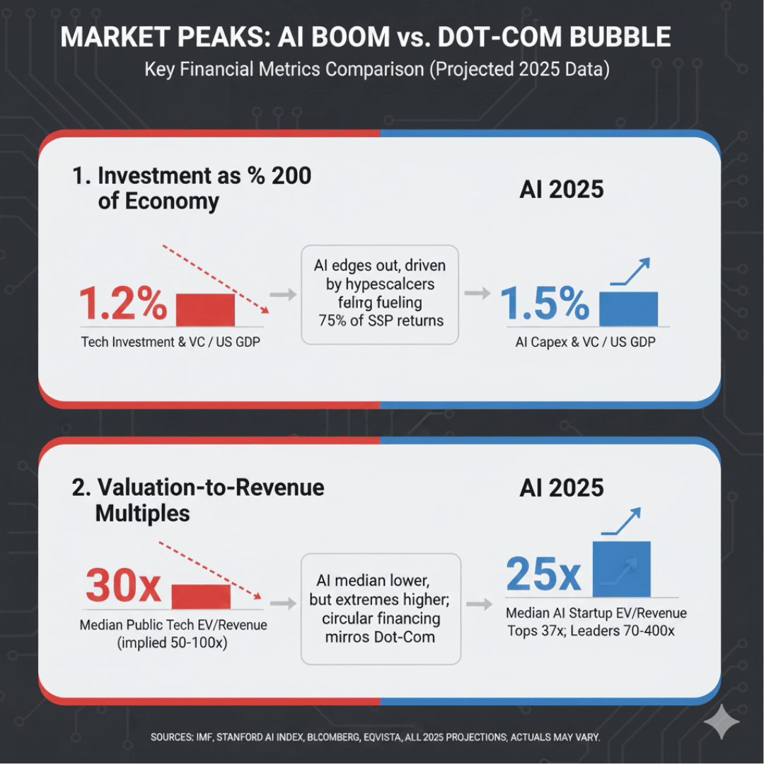 Infographic comparing AI 2025 vs. dot-com 2000: 1.5% GDP investment and 25x multiples